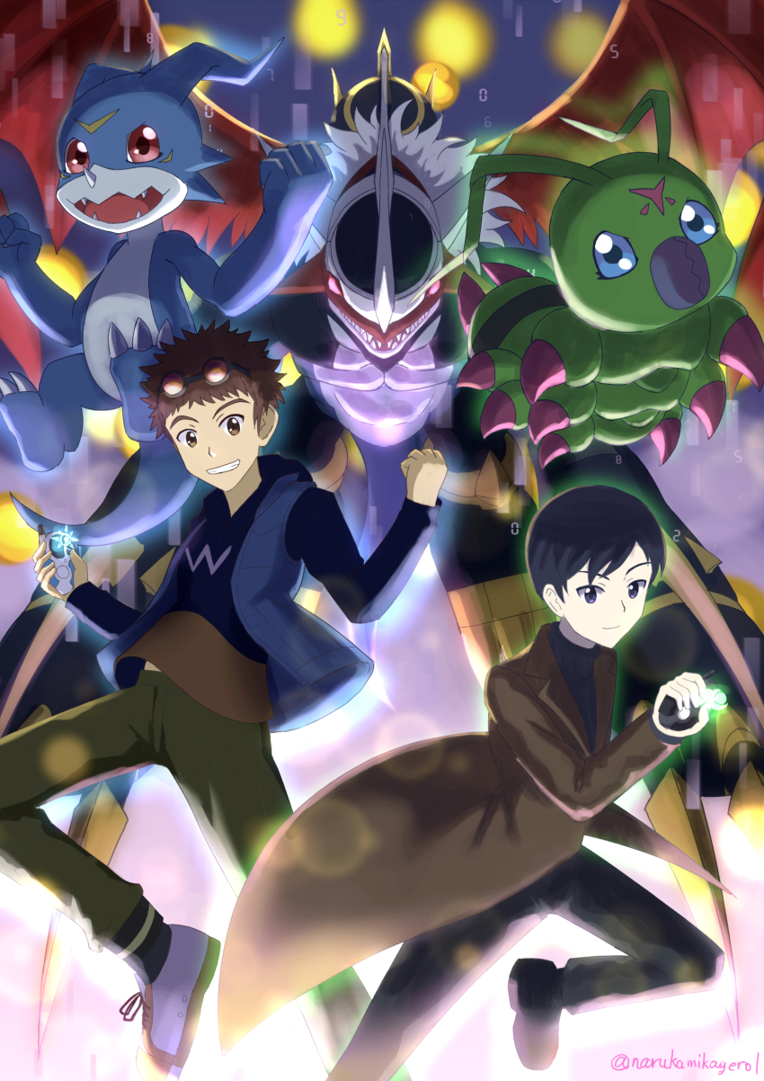 digimon digimon_(creature) digimon_adventure_02:_the_beginning glasses_on_head highres ichijouji_ken imperialdramon imperialdramon_dragon_mode jacket looking_at_viewer motomiya_daisuke smile v-mon wormmon