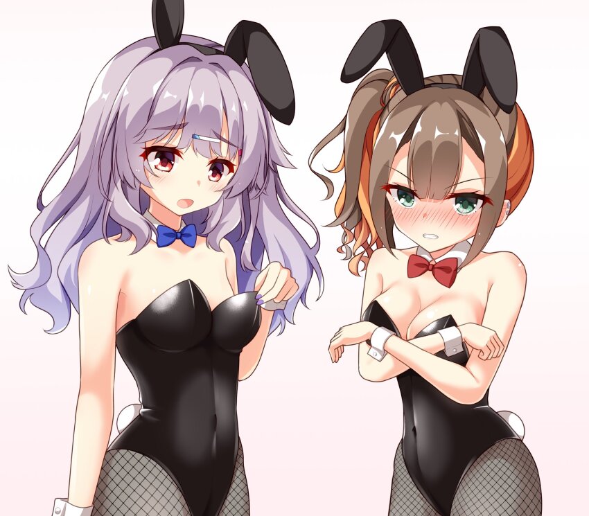 2girls alternate_costume animal_ears bare_shoulders black_leotard blue_bow blue_bowtie blunt_bangs blush bow bowtie breast_conscious breasts brown_hair clenched_teeth collar commentary_request covered_navel covering_breasts covering_privates cowboy_shot crossed_arms detached_collar ear_piercing embarrassed eyelashes fake_animal_ears fake_tail fishnet_pantyhose fishnets furrowed_brow green_eyes grey_hair hair_between_eyes hair_ornament hairclip highres kinoshita_kaede leotard long_hair looking_at_breasts looking_at_viewer medium_breasts multicolored_hair multiple_girls nail_polish nose_blush open_mouth orange_hair pantyhose piercing playboy_bunny purple_nails rabbit_ears rabbit_tail red_bow red_bowtie red_eyes sesen2000 shiraishi_chika side_ponytail simple_background small_breasts standing straight-on streaked_hair tail teeth tenshi_souzou_re-boot! v-shaped_eyebrows wavy_hair white_background white_collar white_wrist_cuffs wrist_cuffs