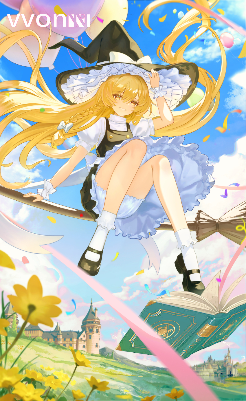1girl absurdres apron arm_support balloon black_hat black_shoes black_skirt black_vest blonde_hair bloomers blue_sky book bow braid breasts broom broom_riding building castle cloud commentary_request day falling_petals floating_hair flower frilled_skirt frilled_wrist_cuffs frills from_below from_side full_body grin hair_between_eyes hair_bow hand_on_headwear hat highres kirisame_marisa large_bow large_hat long_hair looking_at_viewer mary_janes open_book outdoors petals puffy_short_sleeves puffy_sleeves shoes short_sleeves sitting skirt sky small_breasts smile solo sunlight touhou underwear v-von vest waist_apron white_apron white_bloomers white_bow witch_hat wrist_cuffs yellow_4 yellow_flower