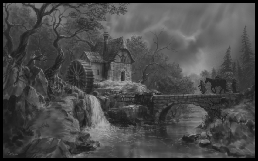 2others absurdres bare_tree black_border border bridge building cloud cloudy_sky coat grey_sky greyscale highres horse landscape long_coat monochrome multiple_others original outdoors philipp_urlich robe scenery sky stone_building stream tree walking water water_wheel waterfall wide_shot