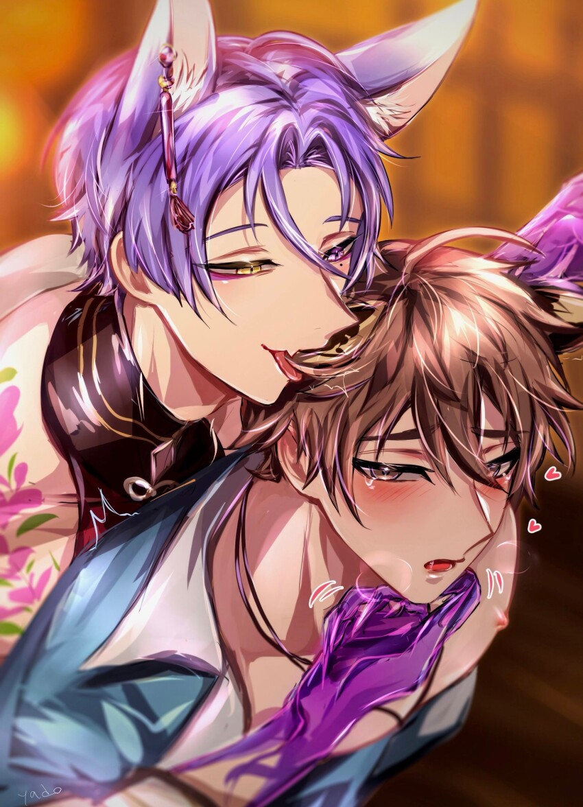 2boys animal_ear_fluff animal_ears bare_shoulders blush brown_eyes brown_hair close-up ear_licking earrings eiden_(nu_carnival) eyeshadow fang flower_tattoo fox_boy fox_ears heterochromia highres implied_anal implied_sex implied_yaoi jewelry kuya_(nu_carnival) licking makeup male_focus multiple_boys nipples nu_carnival purple_eyes purple_hair shoulder_tattoo skin_fang sleeveless slit_pupils tattoo tongue tongue_out upper_body yadome810 yaoi yellow_eyes