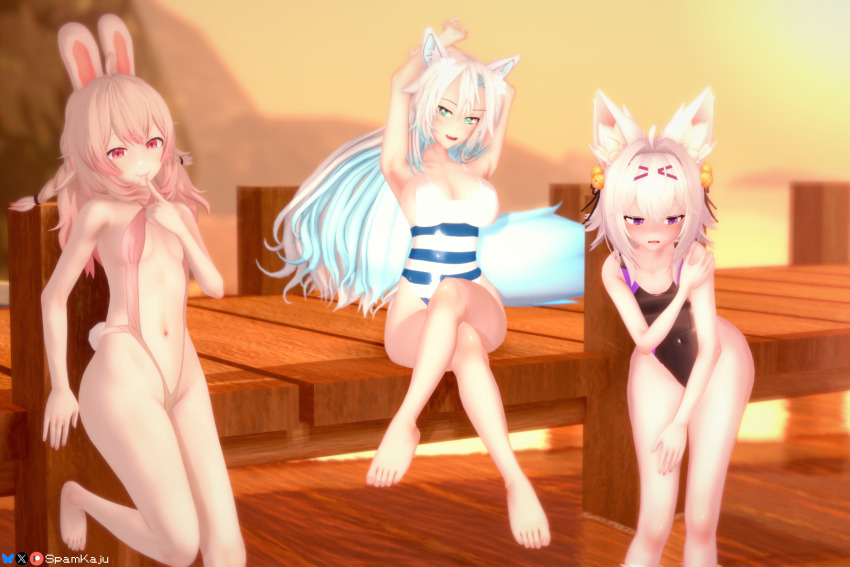 3d 3girls animal_ears ass beach bell bikini blue_eyes blue_hair breasts covering_privates embarrassed feet filian_(vtuber) flat_chest fox_ears fox_girl height_difference indie_virtual_youtuber koikatsu_(medium) large_breasts legs multiple_girls one-piece_swimsuit outdoors pale_skin phase_connect pier pig_tail pink_hair pipkin_pippa rabbit_ears rabbit_girl sexually_suggestive size_difference small_breasts smug_alana spamkaju stomach swimsuit tail thighs virtual_youtuber water white_hair