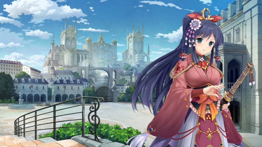 1girl blue_eyes blue_hair blue_sky breasts building castle city cloud cloudy_sky day dmm female_focus fighting_stance fountain frown gate girls_symphony hair_ornament highres holding holding_sheath holding_sword holding_weapon japanese_clothes katana kimono large_breasts long_hair looking_at_viewer outdoors palace ponytail railing ready_to_draw sheath sheathed sky skyline solo stairs standing sword tree weapon