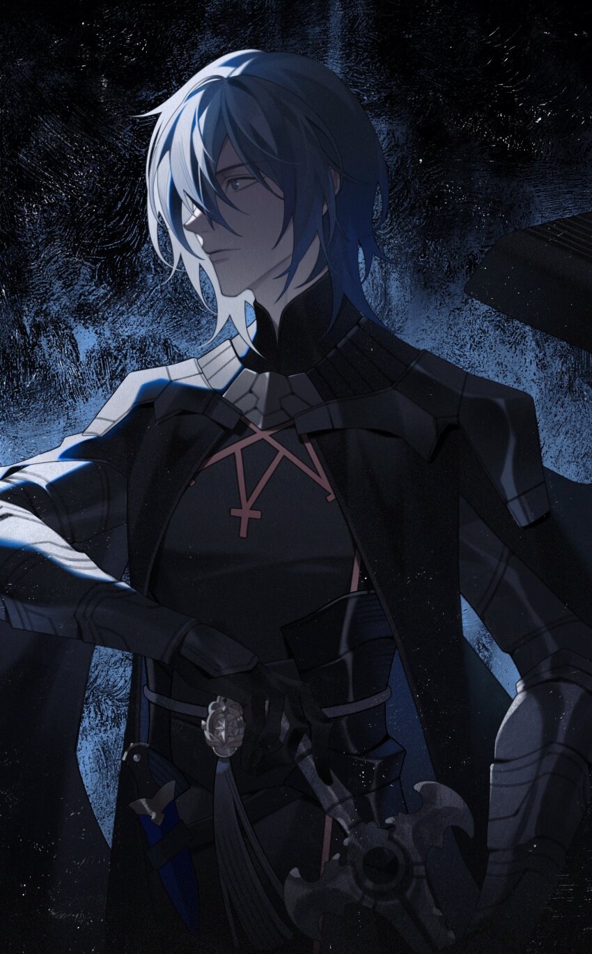 1boy arm_up armor armored_gloves black_armor black_cape black_gloves black_shirt blue_eyes blue_hair male_byleth_(fire_emblem) cape closed_mouth commentary_request cowboy_shot fire_emblem fire_emblem:_three_houses gloves gorget hair_behind_ear hair_between_eyes hand_on_weapon highres looking_to_the_side lynnn28208524 male_focus nintendo ornate_weapon shirt solo sword sword_of_the_creator weapon