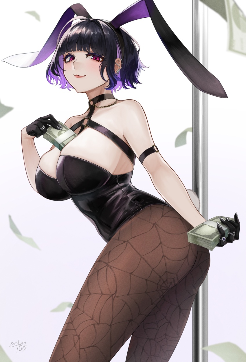 1girl alternate_costume animal_ear_hairband animal_ears arched_back arm_strap ass between_breasts black_gloves black_hair black_leotard blunt_bangs breasts brown_pantyhose chain chest_strap choker cleavage colored_inner_hair commentary_request ear_piercing earclip fake_animal_ears falling_money finger_cots from_side gloves hairband half_gloves highres holding holding_money jewelry large_breasts leotard lips looking_at_viewer meloco_kyoran money multicolored_hair multiple_rings nekotokage nijisanji nijisanji_en o-ring o-ring_choker o-ring_strap pantyhose piercing playboy_bunny pole purple_hair rabbit_ear_hairband rabbit_ears rabbit_tail red_eyes ring short_hair signature simple_background smile solo spider_web_print strapless strapless_leotard stripper_pole tail two-tone_hair virtual_youtuber white_background