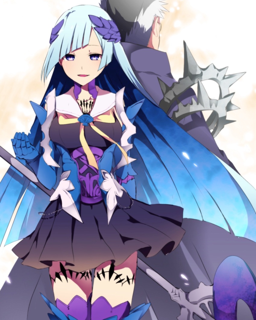 1boy 1girl back-to-back black_dress brynhild_(fate) dress fate/grand_order fate_(series) highres holding holding_weapon long_hair looking_at_viewer multicolored_hair purple_eyes sigurd_(fate) smile swept_bangs two-tone_hair weapon you_(noanoamoemoe)