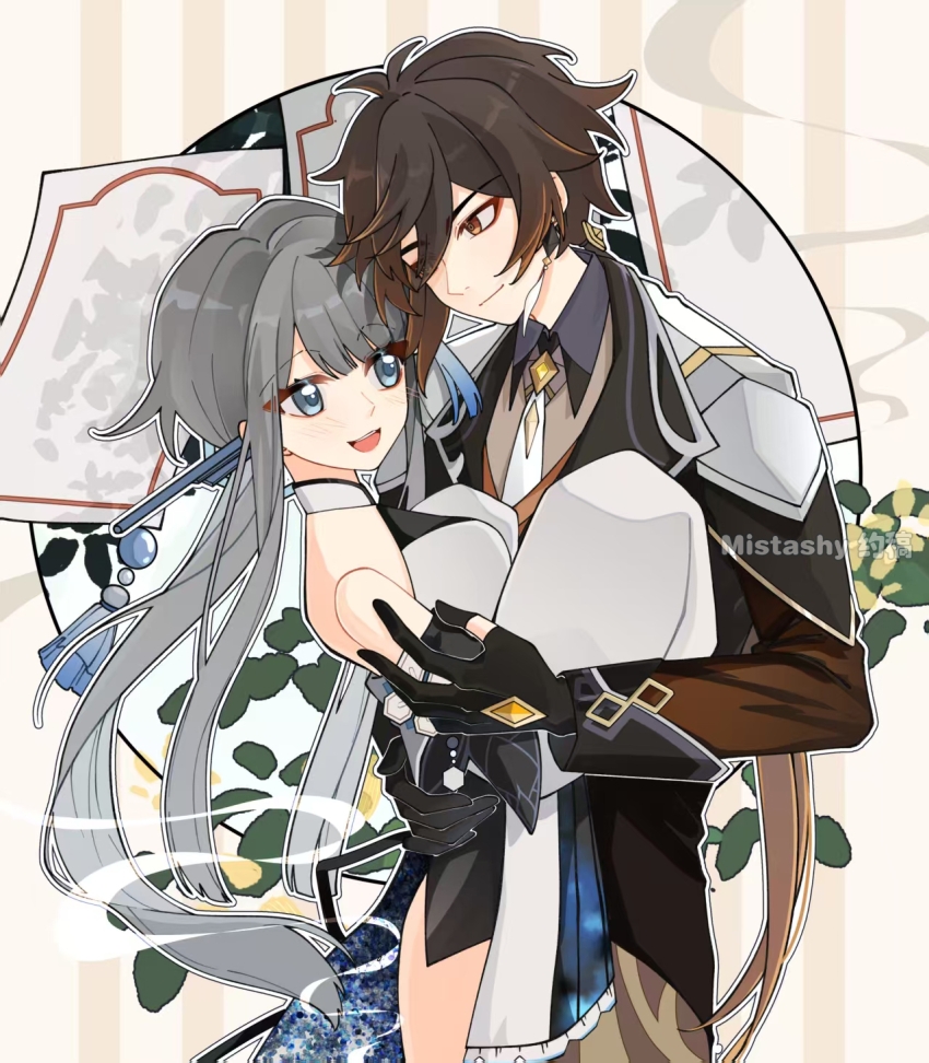 1boy 1girl bare_shoulders blue_eyes blush breasts brown_hair buzhidaogaishenmeming90675 chinese_hairpin couple detached_sleeves dress earrings eyeliner eyeshadow face-to-face formal_clothes genshin_impact gloves gradient_hair grey_hair guizhong_(genshin_impact) hair_between_eyes hair_ornament halter_leotard halterneck hand_on_another&#039;s_back hands_on_another&#039;s_chest highres hug jewelry leotard long_hair long_sleeves makeup multicolored_hair necktie open_mouth ponytail red_eyeshadow single_earring sleeves_past_fingers sleeves_past_wrists small_breasts smile suit tassel tassel_earrings tassel_hair_ornament teeth upper_teeth_only white_dress white_necktie wide_sleeves zhongli_(genshin_impact)