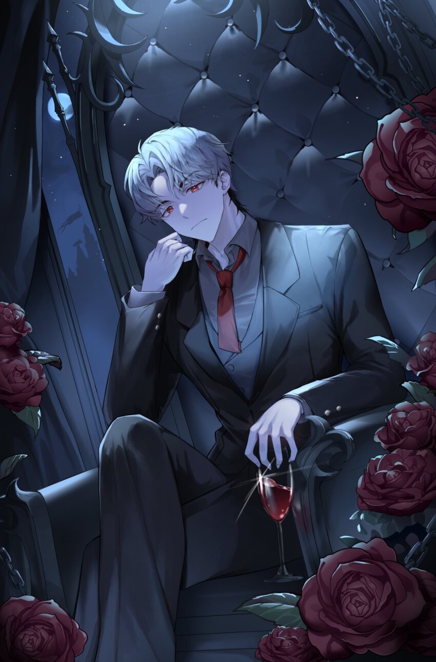 1boy alcohol backpack bag black_suit clenched_hand closed_mouth crossed_legs cup drinking_glass eunho_(plave) flower formal_clothes heeri highres holding holding_cup k-pop long_sleeves looking_at_viewer necktie on_chair parted_bangs plave red_eyes red_flower red_necktie red_wine solo suit white_hair wine wine_glass