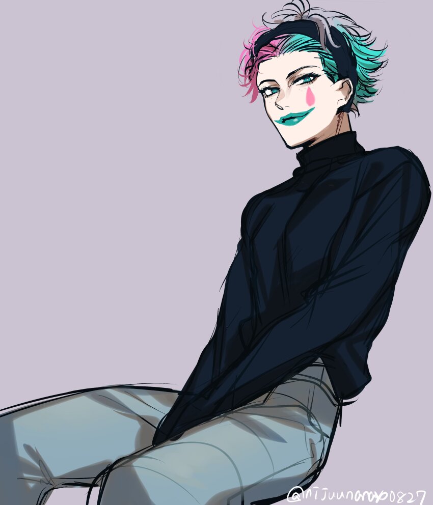 1boy absurdres black_hairband black_shirt facial_mark feet_out_of_frame green_hair green_lips grey_background grey_hair grey_pants hairband highres joe_rikiichi long_sleeves looking_at_viewer male_focus multicolored_hair nijisanji ninahachi pants pink_hair shirt simple_background sitting solo twitter_username two-tone_hair virtual_youtuber