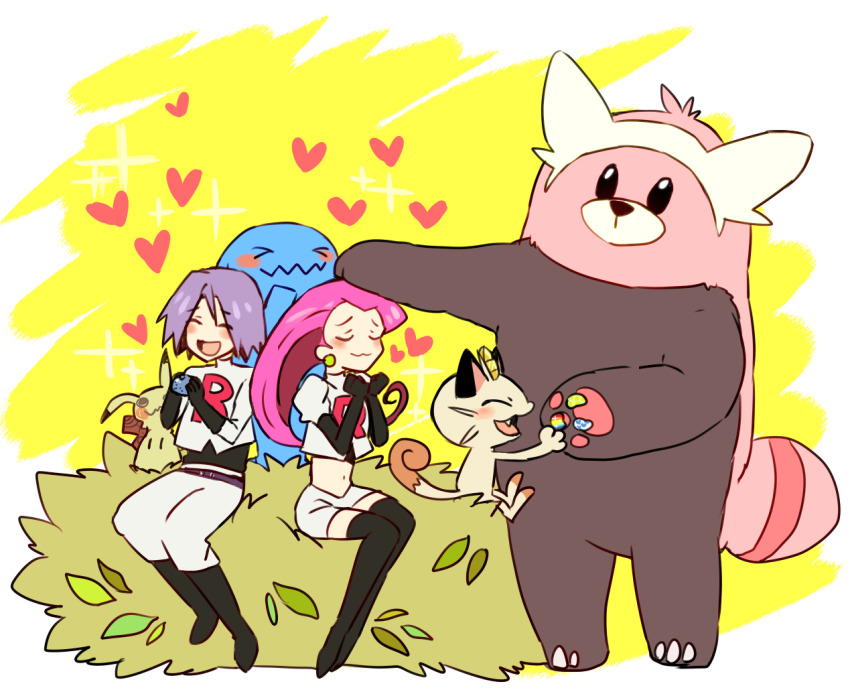 1boy 1girl :d ^_^ bear bewear black_eyes black_footwear black_gloves blush boots cat closed_eyes creature flat_chest full_body gen_1_pokemon gen_2_pokemon gen_7_pokemon gloves heart heart_background meowth mimikyu miniskirt mizuto_(o96ap) nintendo open_mouth pants pokemon pokemon_(anime) pokemon_(creature) pokemon_sm_(anime) sitting skirt smile sparkle standing team_rocket team_rocket_uniform white_pants white_skirt wobbuffet yellow_background