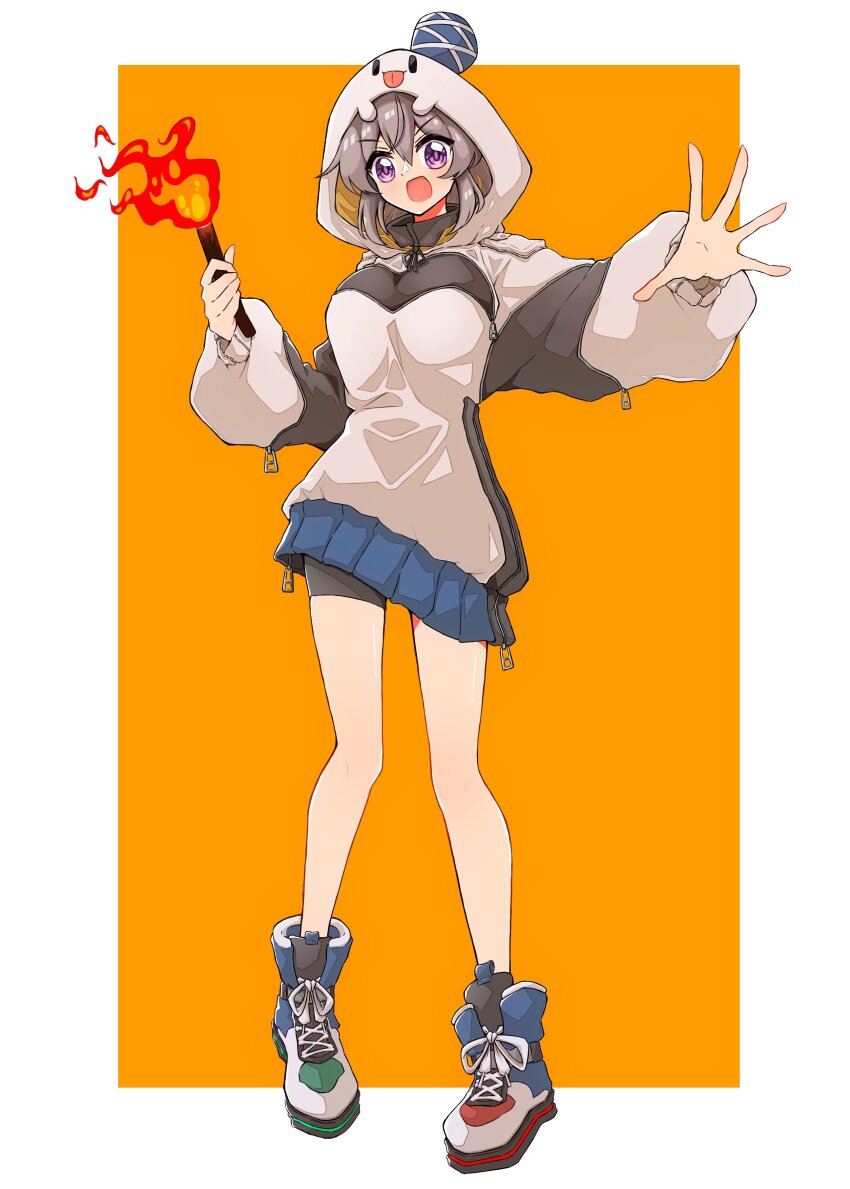 1girl absurdres adapted_costume blue_hat blue_skirt breasts grey_hair gurajio hat highres holding holding_torch hood hoodie large_breasts long_sleeves looking_at_viewer miniskirt mononobe_no_futo open_mouth puffy_sleeves purple_eyes shoes skirt sneakers solo tate_eboshi torch touhou zipper