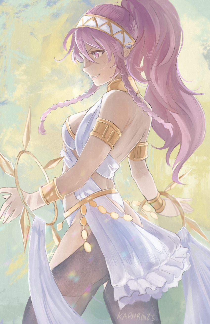 1girl absurdres armlet bracelet braid breasts commentary_request cowboy_shot fire_emblem fire_emblem_awakening hairband highres jewelry kaphrin long_hair nintendo olivia_(fire_emblem) pink_eyes pink_hair ponytail small_breasts solo standing twin_braids white_hairband
