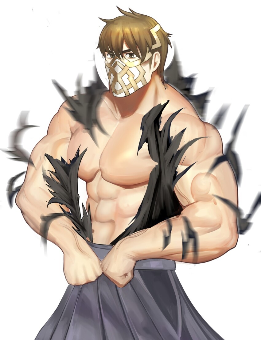 1boy abs alternate_costume bara brown_eyes brown_hair commentary_request eikthyrnir_(fire_emblem) exploding_clothes fire_emblem fire_emblem_heroes flexing highres japanese_clothes large_pectorals male_focus mask menonn141 mouth_mask muscular muscular_male nintendo pectorals short_hair simple_background solo white_background