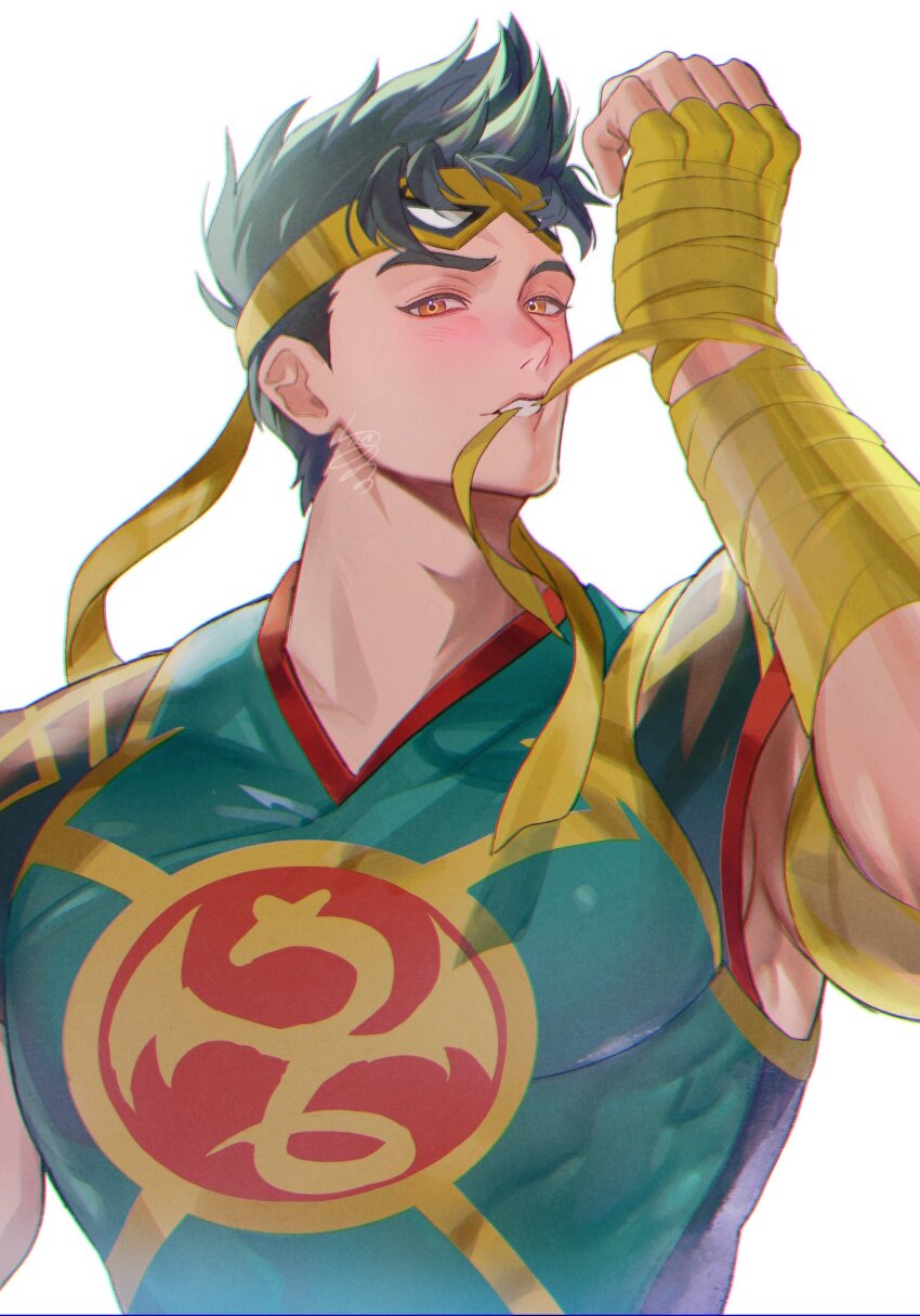 1boy adam&#039;s_apple arm_wrap bandage_in_mouth black_hair brown_eyes commentary covered_abs covered_pectorals highres hoshiimopotato iron_fist_(marvel) lin_lie_(marvel) male_focus marvel marvel_rivals mask_lift muscular muscular_male pectorals short_hair sideburns simple_background solo teeth upper_body v-neck white_background yellow_mask