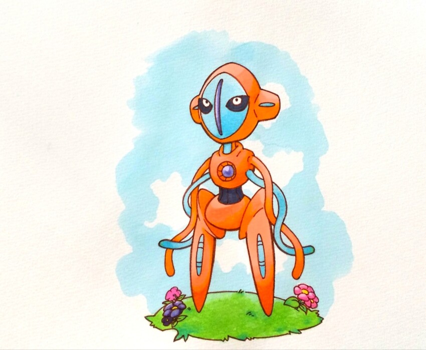 chibi deoxys deoxys_(normal) expressionless flower full_body gen_3_pokemon grass highres looking_to_the_side mythical_pokemon nintendo no_humans painting_(medium) pokemon pokemon_(creature) simple_background standing teko_kijibato tentacles traditional_media twitter_username watercolor_(medium)