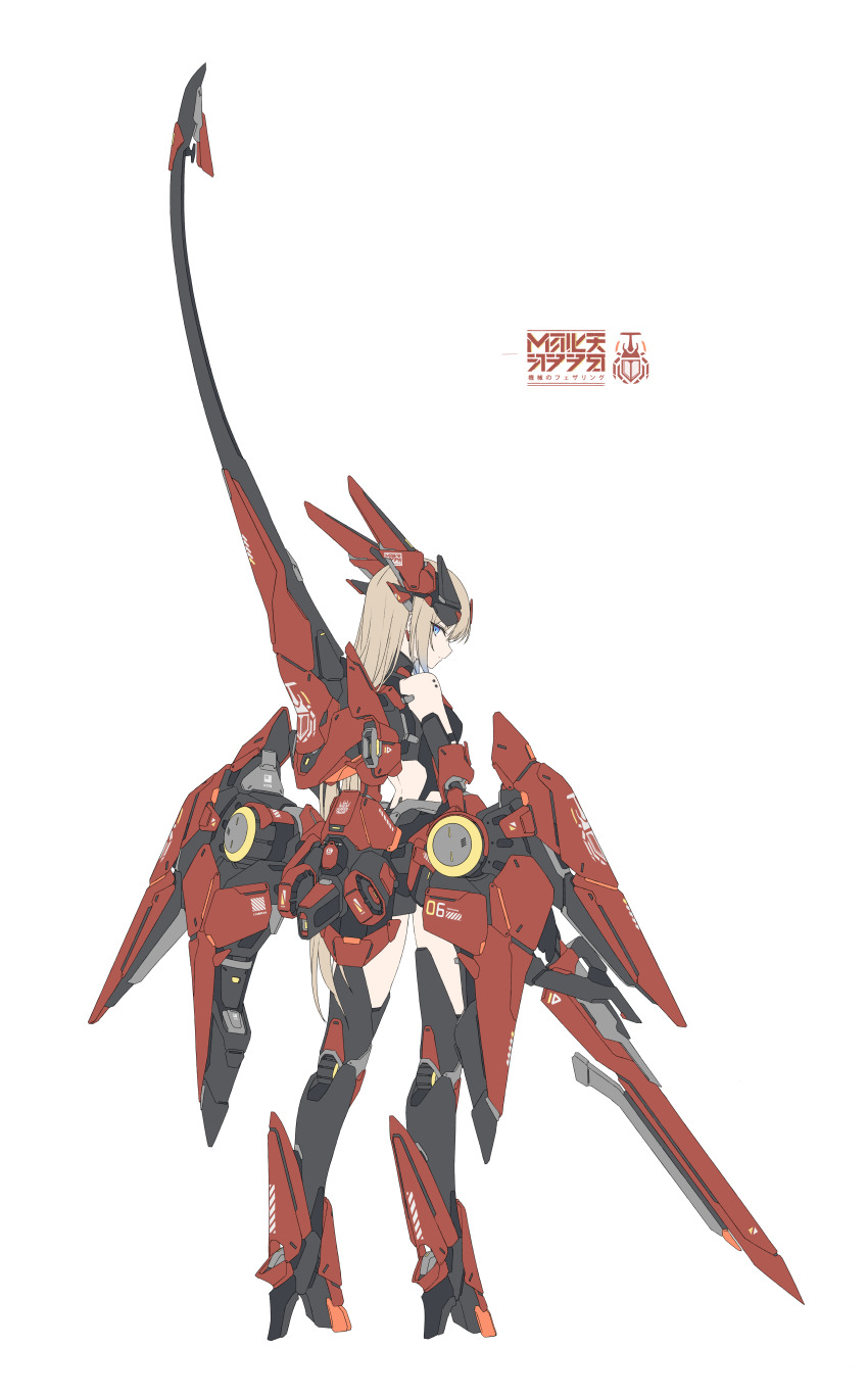 1girl absurdres blonde_hair blue_eyes from_behind full_body high_heels highres holding holding_sword holding_weapon joints long_hair looking_at_viewer looking_back mecha_musume original simple_background solo standing sword takanashi_makino weapon white_background
