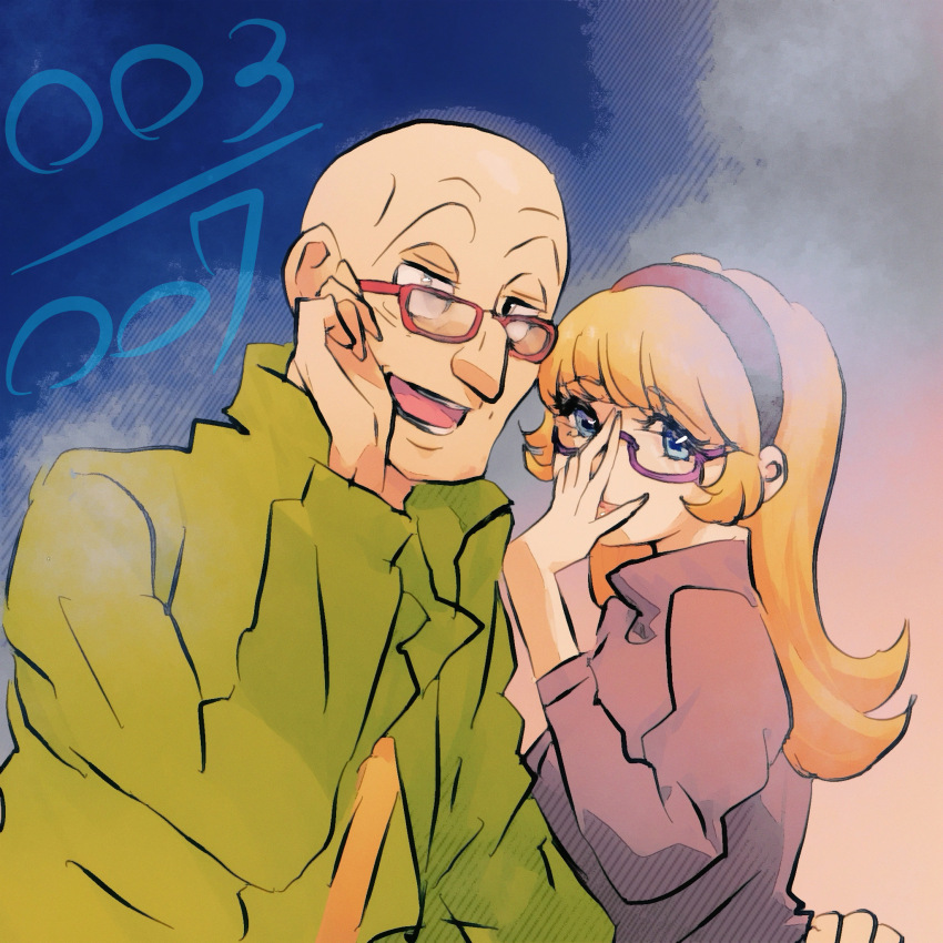 1boy 1girl adjusting_eyewear bald blonde_hair blue_eyes coat cyborg cyborg_009 francoise_arnoul great_britain_(cyborg_009) hairband hand_on_another&#039;s_hip hand_on_eyewear highres long_hair pink_coat purple-framed_eyewear red-framed_eyewear red_hairband sariokisu straight_hair upper_body yellow_coat