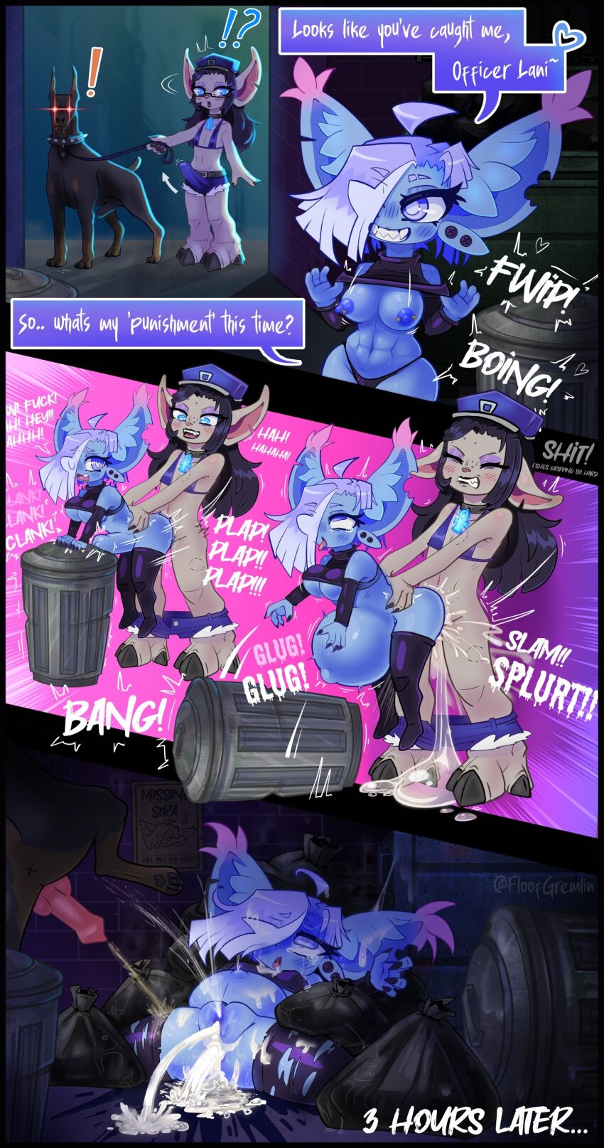 absurdres ahegao ahoge alley asura_(guild_wars) blue_skin breasts clothes_lift colored_skin cum_inflation dog female_ejaculation female_goblin floofgremlin goblin highres inflation one_eye_covered sira_(floofgremlin) stomach_bulge trash_can underboob