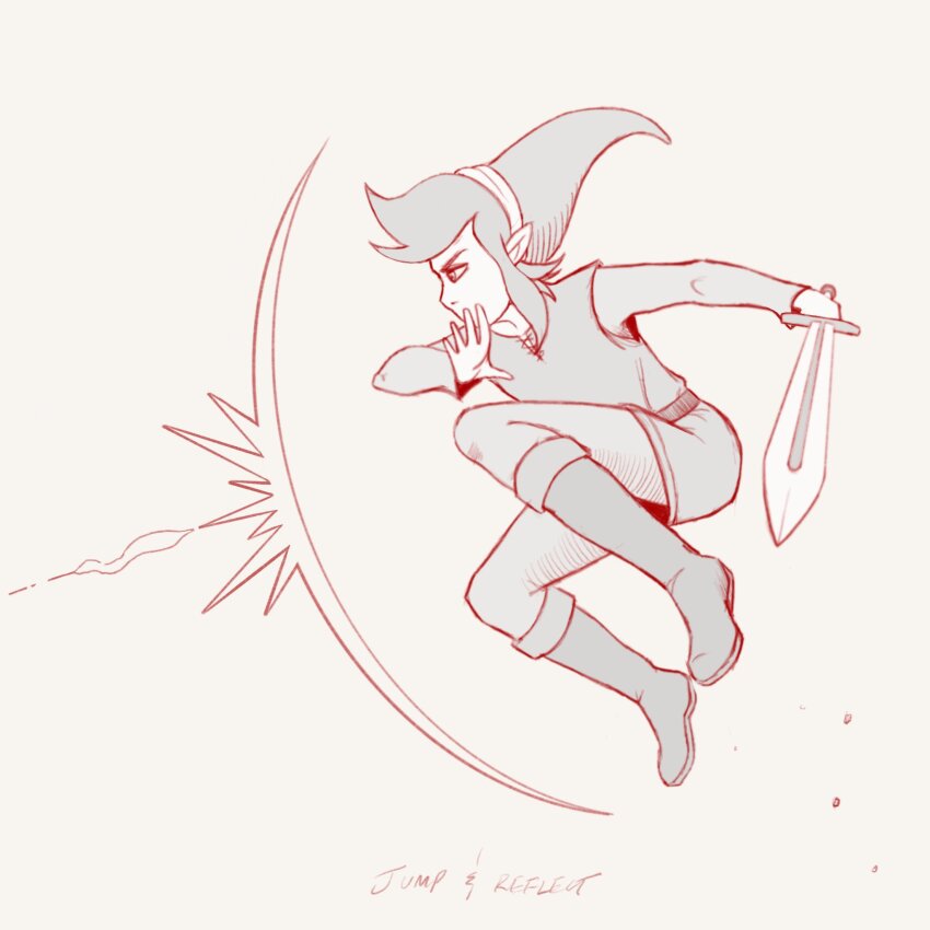 1boy artist_name elf hat highres jumping link nintendo pointy_ears sidelocks sword the_legend_of_zelda tunic weapon zelda_ii:_the_adventure_of_link