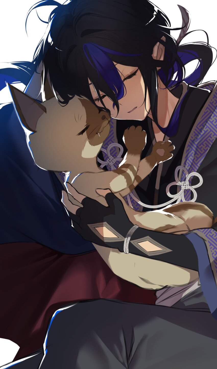 1boy animal black_hair cat felyne gloves highres holding holding_animal holding_cat japanese_clothes kurotobi_(p&amp;d) male_focus monster_hunter_(series) multicolored_hair open_mouth ponytail purple_hair puzzle_&amp;_dragons sayagata sleeping yumura30