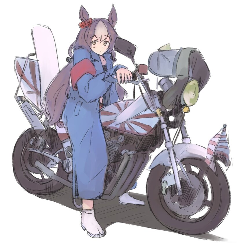 1girl animal_ears balladeluce black_tube_top blue_jumpsuit bousouzoku brown_eyes brown_hair collarbone delinquent flag flag_on_vehicle frown grey_hair hair_between_eyes highres horse_ears horse_girl jumpsuit long_hair low_twintails motor_vehicle motorcycle rising_sun_flag shadow sitting solo strapless sunburst tube_top twintails umamusume vehicle_focus very_long_hair white_background yamanin_zephyr_(umamusume)