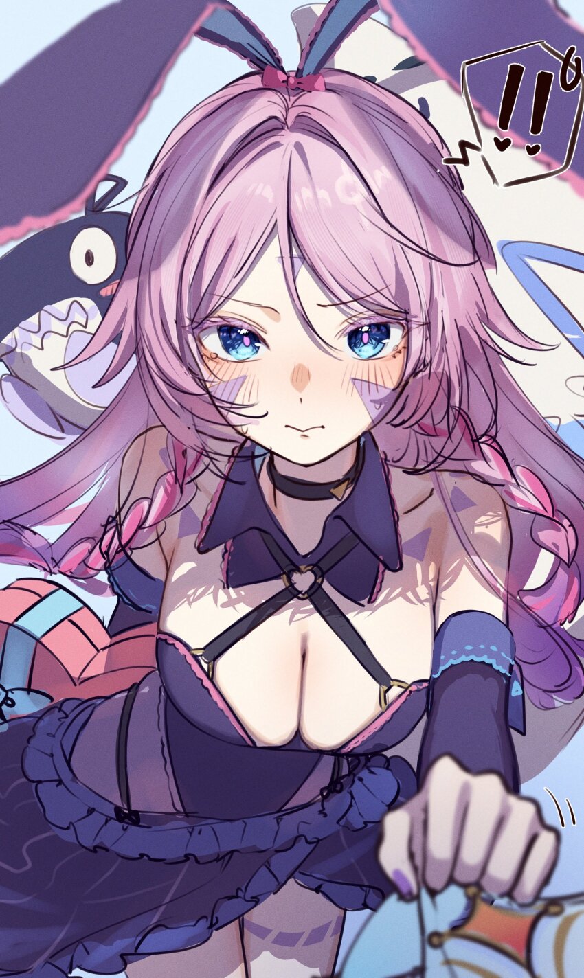 ! !! 2girls absurdres animal_ears bare_shoulders black_choker black_leotard blue_eyes blush braid breasts choker citlali_(genshin_impact) cleavage closed_mouth commentary_request criss-cross_halter facial_mark fake_animal_ears fingernails forehead_mark genshin_impact halo halterneck highleg highleg_leotard highres imasaki_kei itzpapa_(genshin_impact) large_breasts leotard long_hair looking_at_viewer lumine_(genshin_impact) multiple_girls nail_polish out_of_frame outstretched_arm pink_halo pink_pupils purple_hair purple_nails rabbit_ears leotard solo_focus triangle triangle_facial_mark twin_braids unfinished very_long_hair