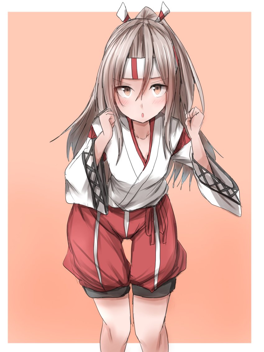 1girl absurdres brown_eyes feet_out_of_frame grey_hair hachimaki hakama hakama_shorts headband high_ponytail highres japanese_clothes kamaboko_senshi kantai_collection leaning_forward long_hair looking_at_viewer ponytail red_shorts shorts solo standing thigh_gap wide_sleeves zuihou_(kancolle)