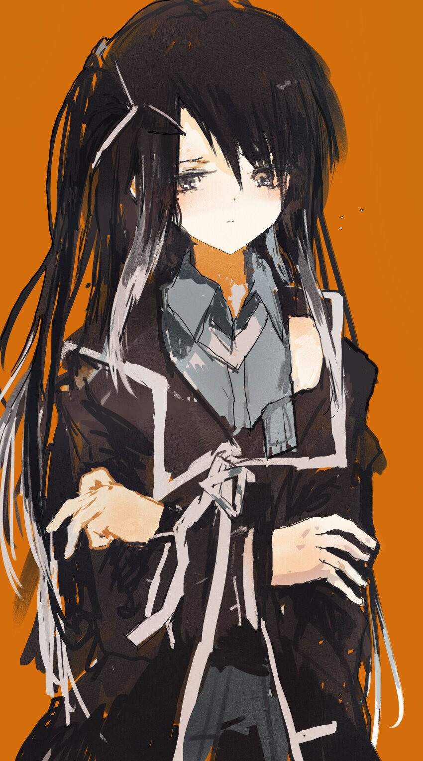 1girl absurdres black_coat black_eyes black_hair closed_mouth coat coefont collared_shirt colored_tips commentary_request cowboy_shot crossed_arms expressionless grey_shirt highres kabuyama_kaigi light_blush long_hair long_sleeves looking_at_viewer millial_(coefont) multicolored_hair off_shoulder one_side_up orange_background shirt simple_background single_bare_shoulder sleeveless sleeveless_shirt solo standing white_hair