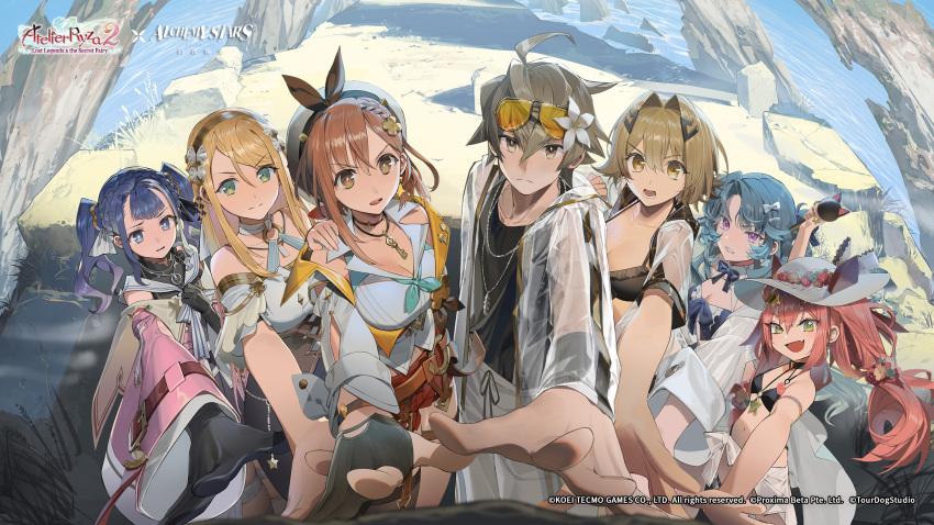 1boy 6+girls alchemy_stars atelier_(series) atelier_ryza atelier_ryza_2 barbara_(alchemy_stars) bikini black_bikini black_gloves black_tank_top blonde_hair blue_eyes blue_hair braid breasts brown_eyes brown_hair cleavage cliff coat collared_shirt flower gloves grass green_eyes grey_hair hair_flower hair_ornament hairband hat highres jewelry key klaudia_valentz multiple_girls navel navigator_(alchemy_stars) necklace o-ring ocean official_art official_wallpaper patricia_abelheim pink_eyes pink_hair reisalin_stout ribbon rock see-through_clothes shirt shorts sun_hat sun_hat_ornament sunglasses swimsuit tank_top thighs twintails vice_(alchemy_stars) vice_(ray_of_sunshine)_(alchemy_stars) yellow_eyes zarya_(alchemy_stars)