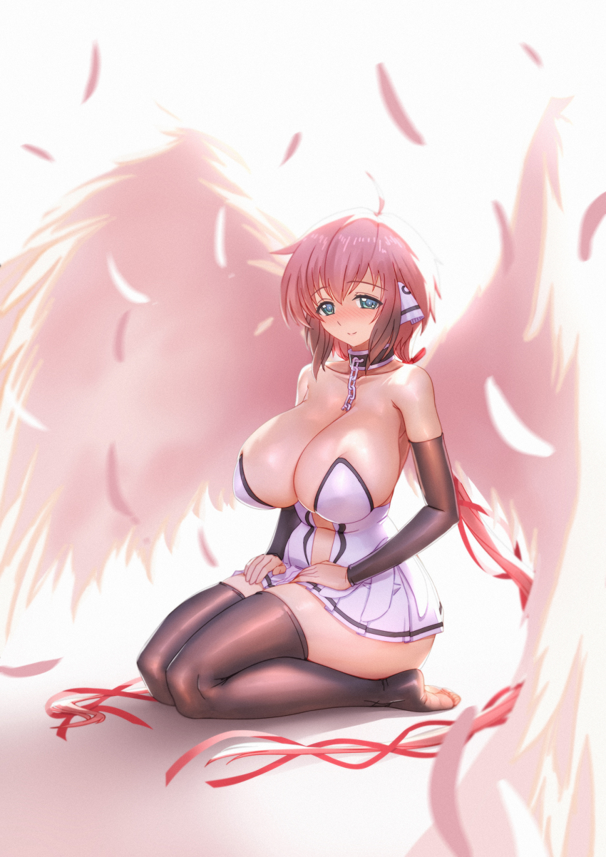 1girl ahoge angel_wings aqua_eyes bare_shoulders black_collar black_sleeves black_thighhighs blush breasts broken broken_chain chain cleavage closed_mouth collar collarbone commentary detached_sleeves dress hair_ribbon highres huge_breasts ikaros long_hair looking_at_viewer low_ponytail no_shoes pink_hair pink_ribbon ponytail qingmingtongzi ribbon seiza shiny_skin simple_background sitting smile solo sora_no_otoshimono strapless strapless_dress thighhighs thighs white_background white_dress white_wings wings