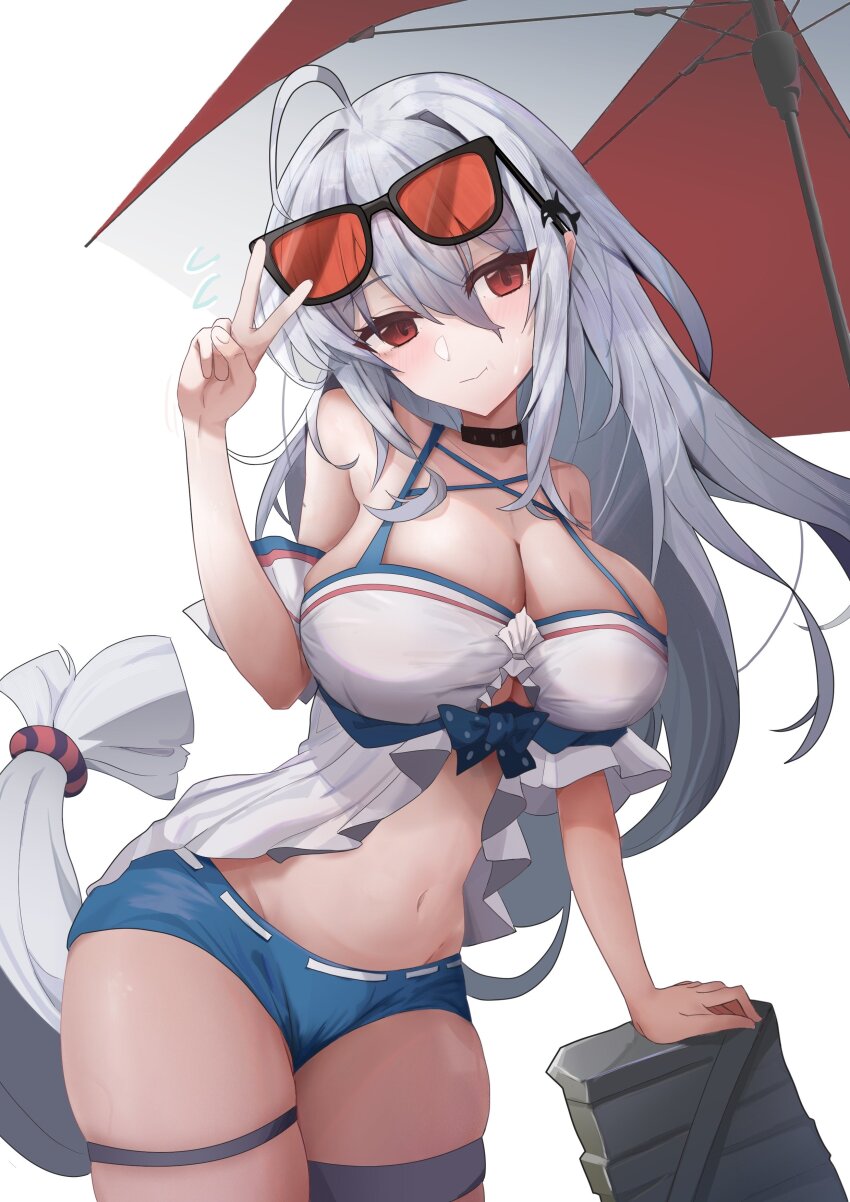 1girl absurdres ahoge arknights bare_shoulders black_choker blue_shorts breasts choker cleavage eyewear_on_head grey_hair hair_ornament highres large_breasts lastmatch500 long_hair looking_at_viewer low-tied_long_hair midriff navel official_alternate_costume red_eyes shirt shorts skadi_(arknights) skadi_(waverider)_(arknights) solo sunglasses thigh_strap tinted_eyewear umbrella v whale_hair_ornament white_shirt