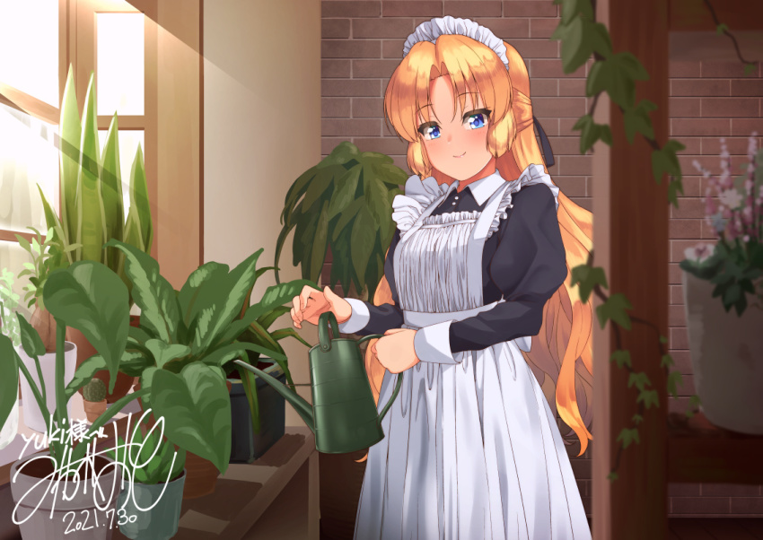 1girl apron black_dress black_ribbon blonde_hair blue_eyes blush closed_mouth collar collared_dress commentary_request commission cowboy_shot dated dream_c_club dream_c_club_(series) dream_c_club_gogo. dress hair_intakes hair_ribbon hisakabe_oto holding indoors long_hair long_sleeves looking_at_viewer maid maid_apron maid_headdress plant ribbon seira_(dream_c_club_gogo.) signature skeb_commission smile solo sunlight tareme white_apron white_collar window