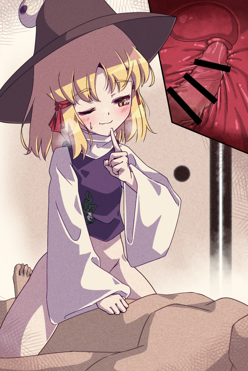 1boy 1girl absurdres bar_censor blonde_hair brown_hat censored clothed_female_nude_male cowgirl_position cross-section esujii_(sg_gush_wak) hat hetero highres loli medium_hair moriya_suwako nude penis petite purple_vest sex shirt smile straddling touhou turtleneck turtleneck_shirt vaginal vest white_shirt wide_sleeves