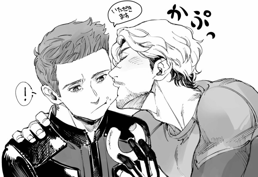 2boys animification avengers:_age_of_ultron avengers_(series) blush clint_barton closed_eyes closed_mouth commentary_request donut facial_hair fingernails food food_on_face gloves greyscale hand_on_another&#039;s_shoulder hand_up hawkeye_(marvel) highres holding holding_donut holding_food long_sleeves looking_down male_focus mandarin_collar marvel marvel_cinematic_universe monochrome multiple_boys pietro_maximoff quicksilver_(marvel) roku0180 shirt short_hair simple_background smile superhero_costume translation_request upper_body yaoi