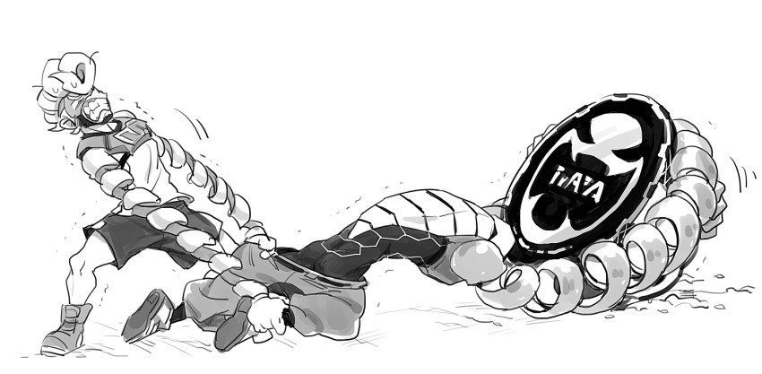 2boys arms_(game) clenched_teeth dragging full_body greyscale helmet kid_cobra looking_at_another male_focus mask monochrome multiple_boys nekobayashi_(nekoforest) nintendo pompadour pulling shoes simple_background sneakers spring_man_(arms) teeth white_background