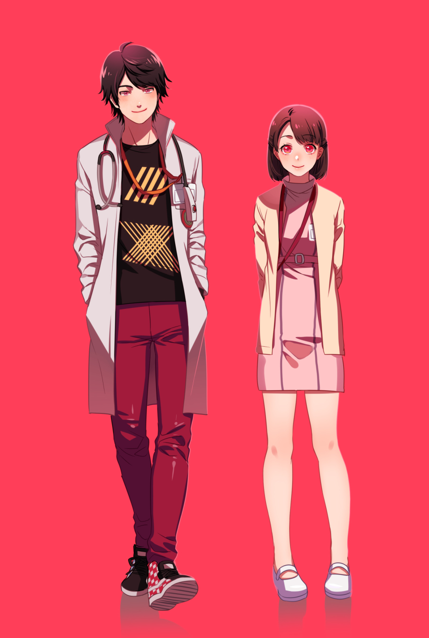 1boy 1girl arms_behind_back bad_id bad_pixiv_id black_hair brown_hair dress hands_in_pockets highres houjou_emu jacket kamen_rider kamen_rider_ex-aid_(series) lab_coat noriuma pink_background pink_dress pink_eyes poppi_pipopapo shoes smile sneakers stethoscope