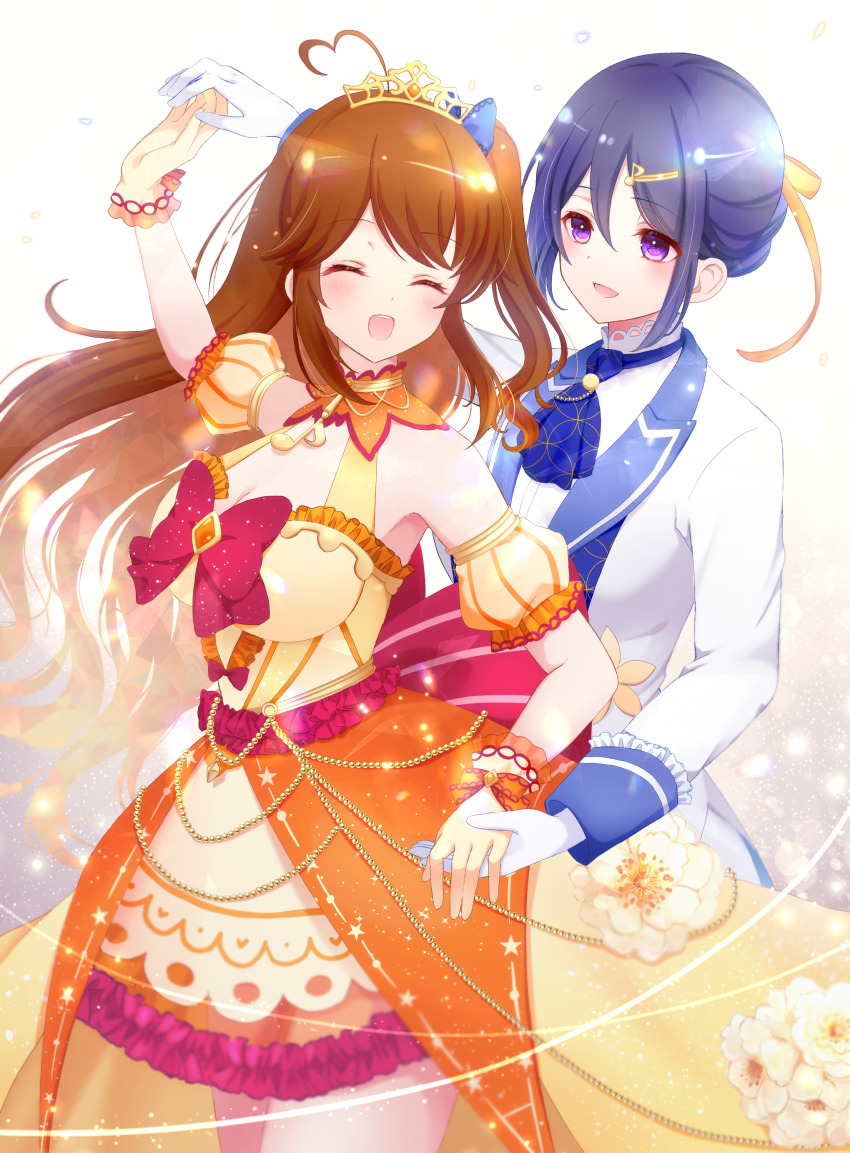 2girls :d ^_^ absurdres adapted_costume ahoge alternate_hairstyle arm_garter arm_up ascot assault_lily bare_shoulders behind_another blue_ascot blue_bow blurry blush bow breasts brown_hair cleavage closed_eyes commentary_request cowboy_shot dancing depth_of_field detached_sleeves dress dress_bow dress_flower eighth_note flower formal_clothes fortissimo frilled_dress frilled_sleeves frills gem gloves gradient_background hair_between_eyes hair_bow hair_ornament hair_ribbon hairclip halter_dress halterneck heart heart_ahoge high-low_dress highres holding_hands jacket large_breasts layered_dress light_particles long_hair long_sleeves looking_at_another mizuha_(dreamchild_0504) multiple_girls musical_note musical_note_hair_ornament one_side_up open_clothes open_jacket open_mouth orange_bow orange_dress pant_suit pants pearl_(gemstone) pink_bow print_dress puffy_detached_sleeves puffy_sleeves purple_eyes purple_hair ribbon shirt short_hair short_sleeves sleeveless sleeveless_dress smile star_(symbol) star_print suit takasuga_tsukushi teeth tiara two-tone_dress upper_teeth_only very_long_hair watanabe_akane wavy_hair white_background white_flower white_gloves white_jacket white_pants white_shirt wrist_bow yellow_dress yellow_gloves yellow_ribbon yuri