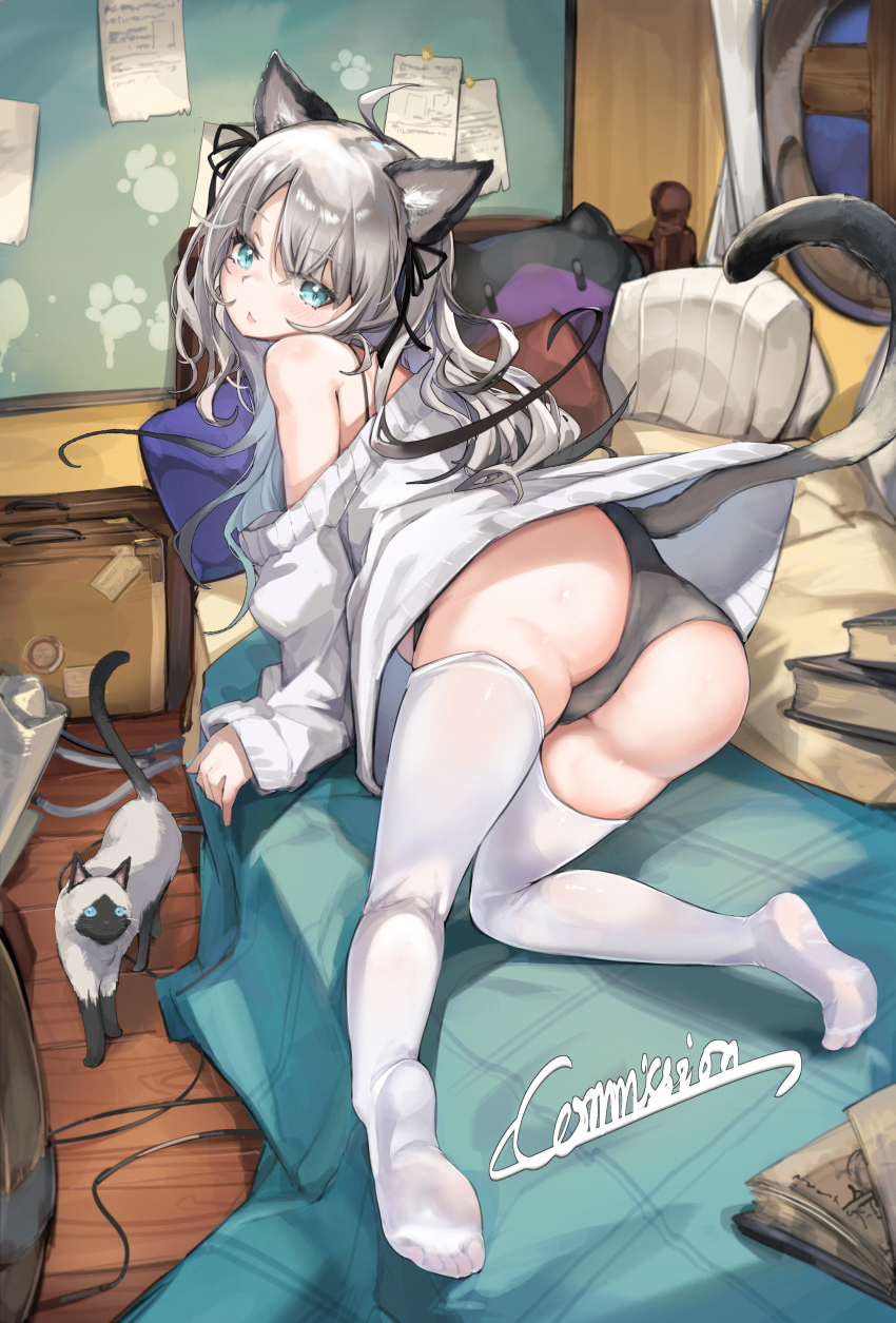 1girl absurdres ahoge all_fours animal animal_ears aqua_eyes arknights ass bare_shoulders bed bedroom black_panties black_ribbon blush book cable cat commentary commission english_commentary feet from_behind full_body grey_hair hair_ribbon highres indoors long_hair long_sleeves looking_at_viewer mint_(arknights) note on_bed open_mouth panties pillow ribbon soles solo suitcase sweater tail tail_raised thighhighs toes underwear white_sweater white_thighhighs xun_li_eins