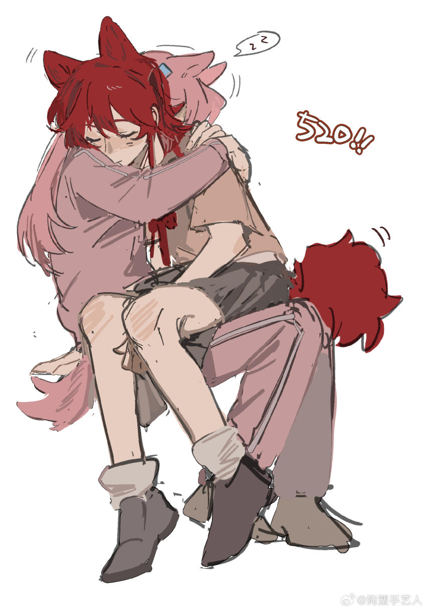 2girls animal_ears bocchi_the_rock! bow bowtie brown_shirt chinese_commentary closed_eyes closed_mouth commentary_request dog_ears dog_girl dog_tail gotoh_hitori grey_shoes grey_skirt hands_on_another&#039;s_shoulders highres hug jacket kita_ikuyo lingyi long_hair long_sleeves multiple_girls pink_hair pink_jacket pleated_skirt red_bow red_bowtie red_hair school_uniform shirt shoes short_sleeves shuka_high_school_uniform simple_background sitting sitting_on_lap sitting_on_person skirt smile spoken_zzz tail track_jacket watermark weibo_watermark white_background yuri zzz