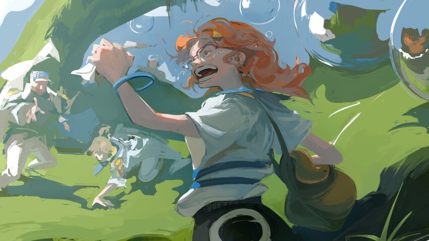 1girl 2boys bag bracelet bubble clenched_hands commentary epaulettes hat highres holding holding_letter jewelry kanji_(nievart) letter looking_ahead marine_(one_piece) medium_hair multiple_boys nami&#039;s_fangirl one_piece one_piece_fan_letter open_mouth orange_hair running satchel shirt t-shirt tears
