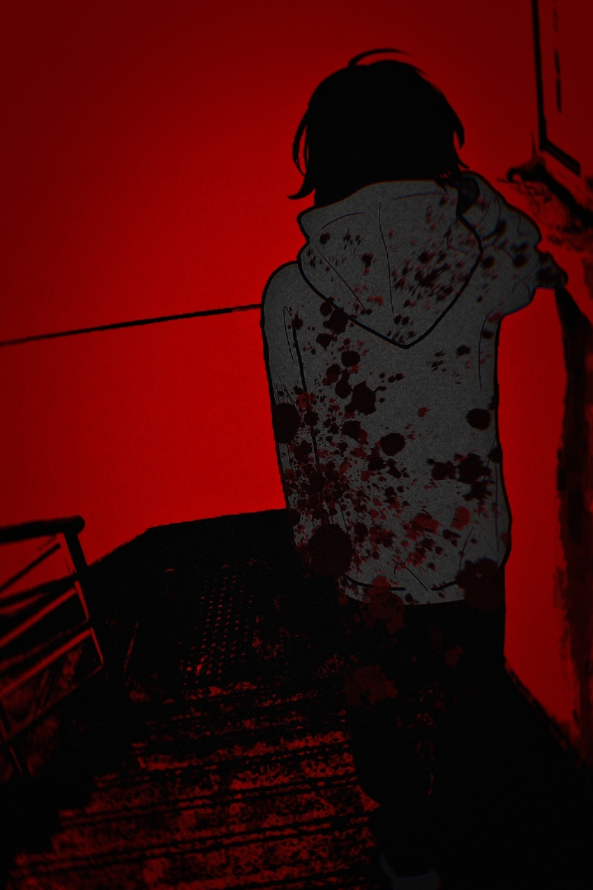 1boy absurdres ahoge arm_at_side blood blood_on_clothes ciciflaky creepypasta film_grain from_behind full_body highres hood hood_down hoodie jeff_the_killer long_sleeves male_focus on_stairs pants partially_colored railing red_background short_hair simple_background solo stairs stairwell standing vignetting