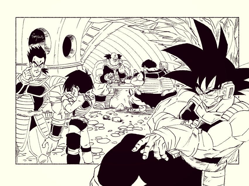 1girl 4boys adjusting_wristband arm_guards artist_name balding bardock bracer dragon_ball dragonball_z earrings eating facial_scar fenyon gloves highres jewelry knee_pads leggings leotard looking_at_another looking_to_the_side monkey_boy monkey_girl monkey_tail monochrome multiple_boys muscular muscular_male panpukin_(dragon_ball) pectoral_cleavage pectorals plump round_window saiyan_armor scar scar_on_cheek scar_on_face scouter scratching_cheek seripa short_hair single_thighhigh sitting leotard spiked_hair sweatdrop table tail tail_around_waist thighhighs toma_(dragon_ball) toteppo tying window