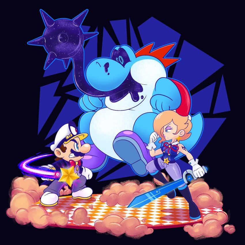 1boy 1girl 1other angry blonde_hair blue_eyes bow bowtie breasts brown_hair dust earrings eyeshadow facial_hair formal_clothes gloves hair_over_one_eye hat highres image_sample jewelry long_hair looking_at_another magic makeup mario mario_(series) mayo_(funnyhoohooman) mustache nintendo original resolution_mismatch rosalina serious source_larger suit sword tail tattoo weapon yoshi
