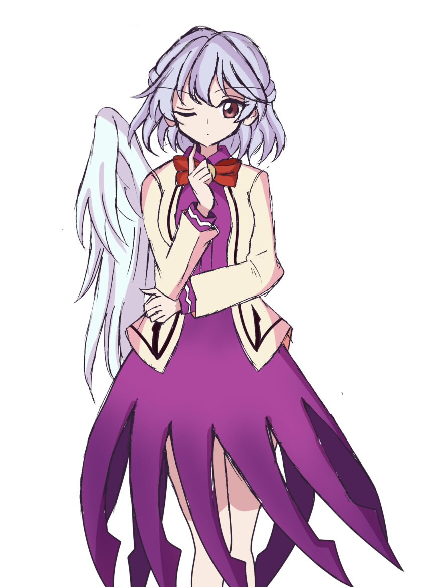1girl arm_rest bow bowtie braid brooch closed_mouth collared_shirt ears feathered_wings french_braid grey_hair hair_between_eyes hand_up highres index_finger_raised jacket jewelry kishin_sagume legs long_sleeves looking_at_viewer nose raincoat_th13 red_bow red_bowtie red_eyes shirt short_hair single_wing skirt solo standing touhou white_background white_wings wings