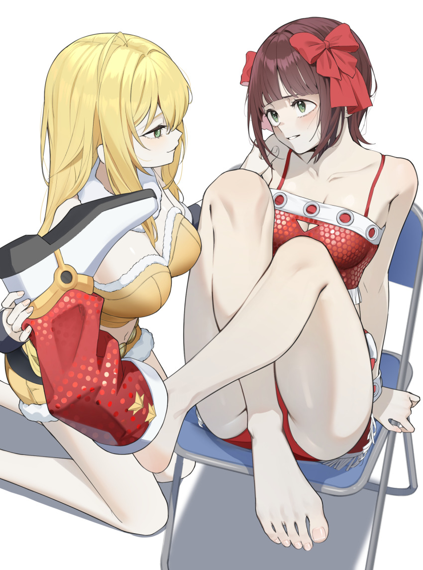 2girls ahoge amami_haruka bare_arms bare_legs bare_shoulders barefoot beyond_the_wishes_(idolmaster) blonde_hair blunt_bangs bow breasts brown_hair camisole chair cleavage cleavage_cutout clothing_cutout collarbone crossed_legs feet fingernails folding_chair fur-trimmed_shorts fur-trimmed_tube_top fur_collar fur_trim green_eyes hair_bow hand_on_another&#039;s_shoulder highres holding_shoes hoshii_miki idolmaster idolmaster_(classic) kneeling knees_up large_breasts legs long_hair looking_at_another medium_breasts midriff multiple_girls multiple_hair_bows navel on_chair panties parted_lips pero_(peroneko0510) red_bow red_camisole red_panties red_sequin_(idolmaster) red_skirt removing_shoes shoes short_hair shorts single_bare_leg sitting skirt smile strapless thighs toenails toes tube_top underwear unworn_shoes yellow_shorts yellow_tube_top