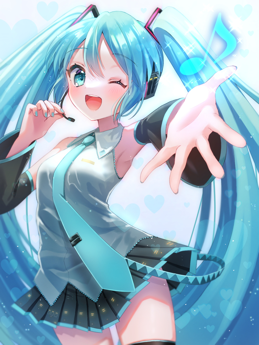 1girl aqua_eyes aqua_hair aqua_nails aqua_necktie armpits black_skirt blush boots detached_sleeves hair_between_eyes hair_ornament hatsune_miku headphones highres holding holding_headphones ichigo_daifuku_(ichigo1923) long_hair long_sleeves miku_day miniskirt musical_note necktie one_eye_closed open_mouth shirt skirt sleeveless sleeveless_shirt smile solo thigh_boots twintails very_long_hair vocaloid white_shirt wide_sleeves