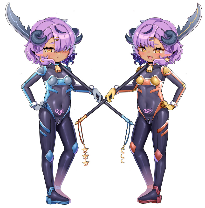 2girls :d absurdres animal_ears armor bell black_bodysuit black_horns blue_armor blush bodysuit breasts collar colored_inner_hair commentary commission covered_navel cowbell crescent crescent_earrings crotch_zipper curled_horns dark-skinned_female dark_skin earrings english_commentary fang full_body gloves goat_ears goat_horns grey_gloves hair_ornament hairclip hand_on_own_hip highres holding holding_polearm holding_weapon horns jewelry looking_at_viewer moon multicolored_hair multiple_girls naginata neck_bell open_mouth orange_armor original patterned_hair polearm pubic_tattoo purple_hair sheep_ears sheep_girl sheep_horns short_hair siblings small_breasts smile spear standing star_(symbol) star_earrings star_print symmetrical_pose tattoo thick_eyebrows vieru2n weapon yellow_eyes yellow_gloves zipper