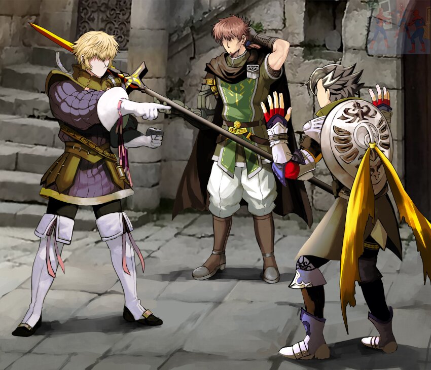 3boys absurdres arm_behind_head blonde_hair facial_hair fate/grand_order fate_(series) from_behind green_tabard hector_(fate) highres mandricardo_(fate) marvel meme multicolored_hair multiple_boys no_eyes over_shoulder pointing pointing_at_another pointing_spider-man_(meme) roland_(fate) shield spider-man spider-man_(series) tabard two-tone_hair weapon weapon_over_shoulder