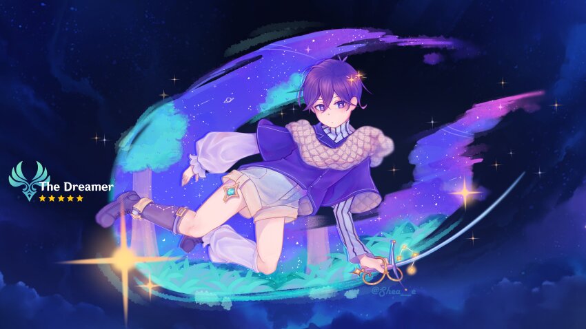 1boy absurdres alternate_costume alternate_eye_color alternate_hair_color antenna_hair artist_name black_boots boots bright_pupils closed_mouth double-parted_bangs english_text full_body gacha_(game_mechanic) hair_between_eyes highres holding holding_sword holding_weapon knee_boots long_sleeves looking_at_viewer male_focus omori purple_eyes purple_hair shea_e short_hair solo sunny_(omori) sword twitter_username weapon white_pupils