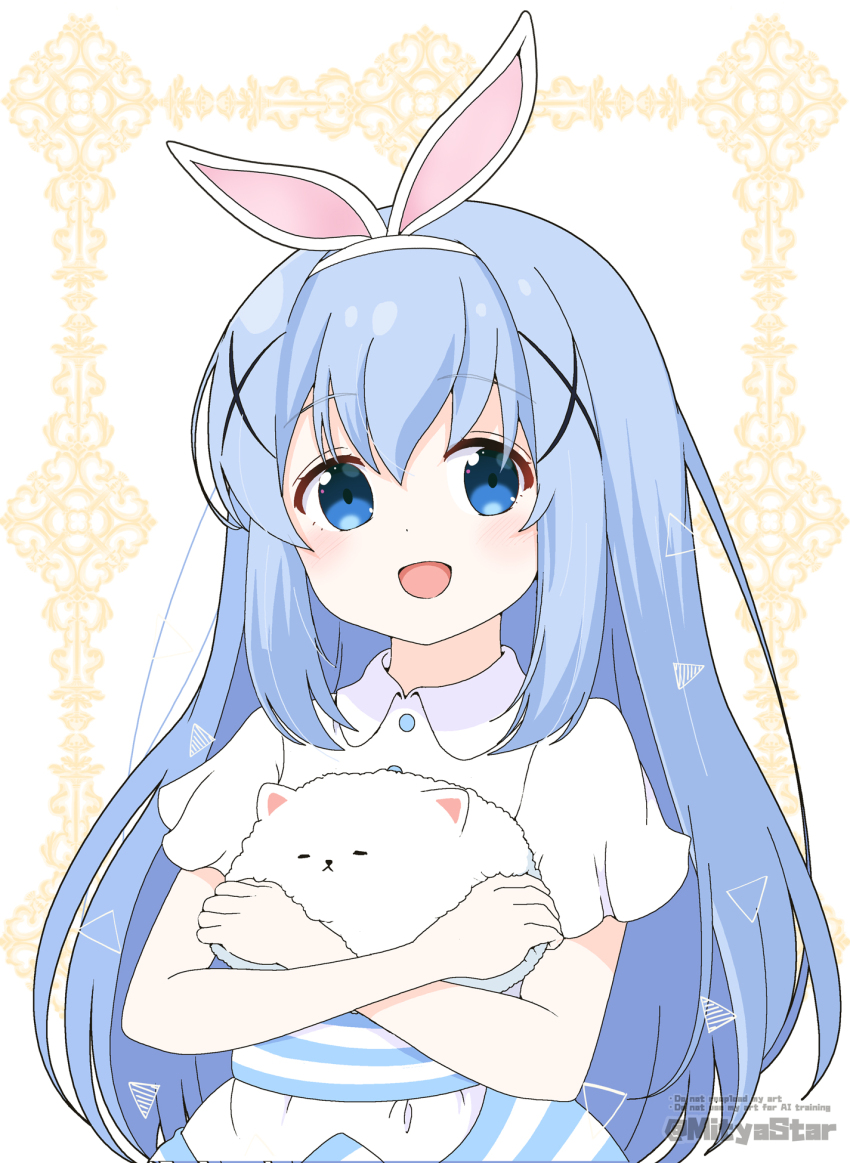 1girl :d angora_rabbit animal animal_ears animal_hug blue_eyes blue_hair collared_shirt commentary_request english_text fake_animal_ears gochuumon_wa_usagi_desu_ka? hair_between_eyes hair_ornament hairband highres kafuu_chino long_hair looking_at_viewer mitya open_mouth rabbit rabbit_ears revision shirt short_sleeves skirt smile striped_clothes striped_skirt tippy_(gochiusa) twitter_username very_long_hair watermark white_background white_hairband white_shirt x_hair_ornament